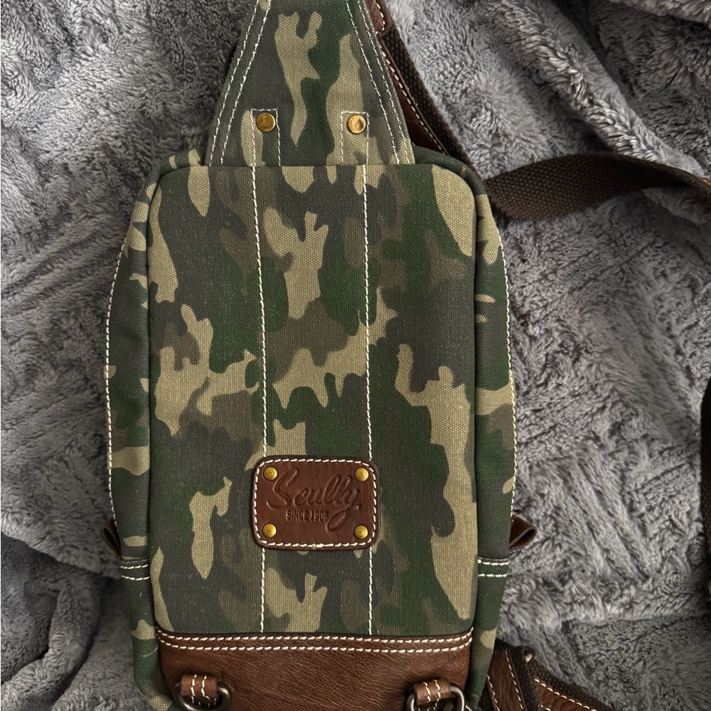Scully Green Camo Crossbody Sling with Brown Trim - Picture 2 of 4